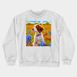 Brittany Puppy in Texas Wildflower Field Crewneck Sweatshirt